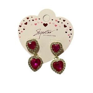 Gold | Pink Double Heart Dangle Earrings